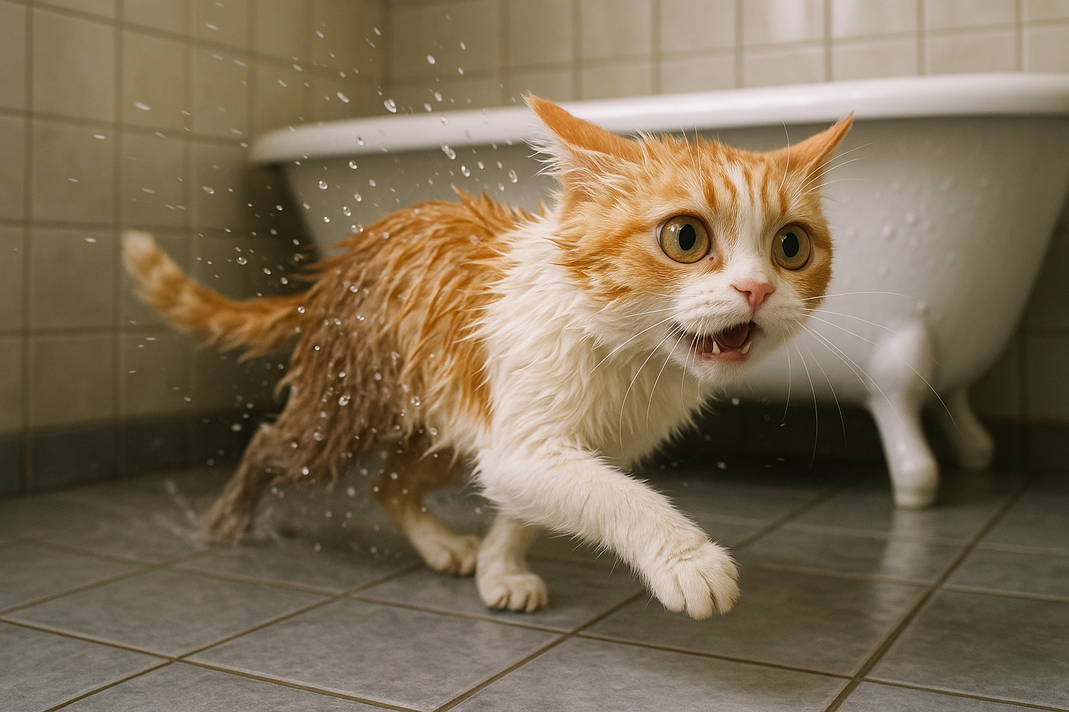 Scared cat running from bath tub.