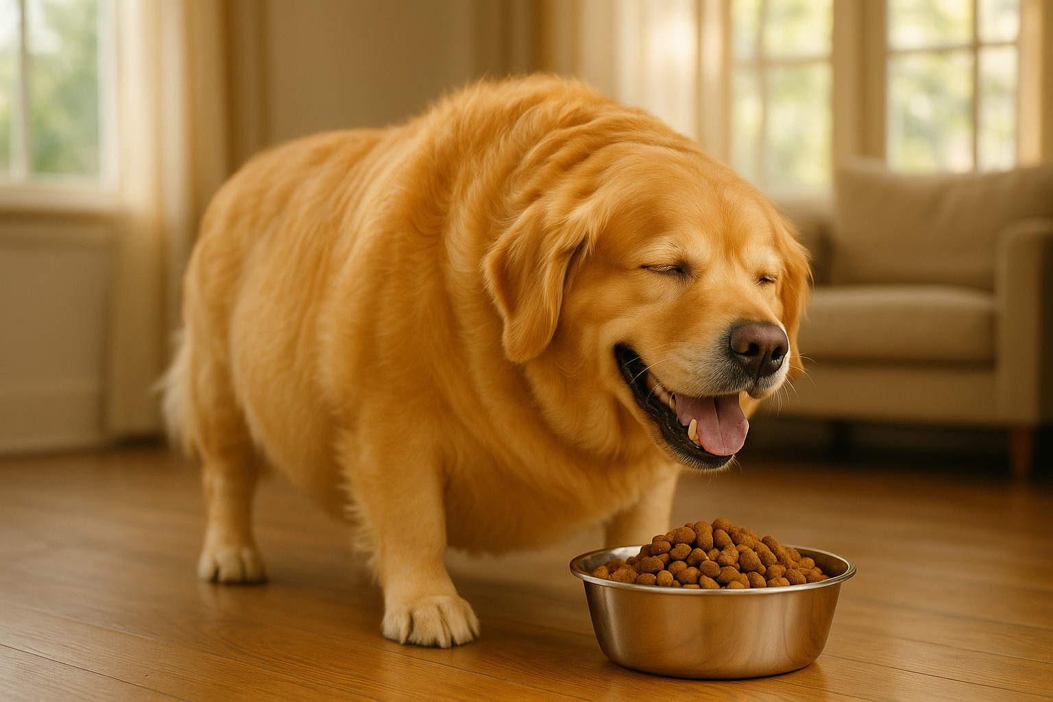 Golden retriever eating healthy high-calorie dog food to gain weight safely at home