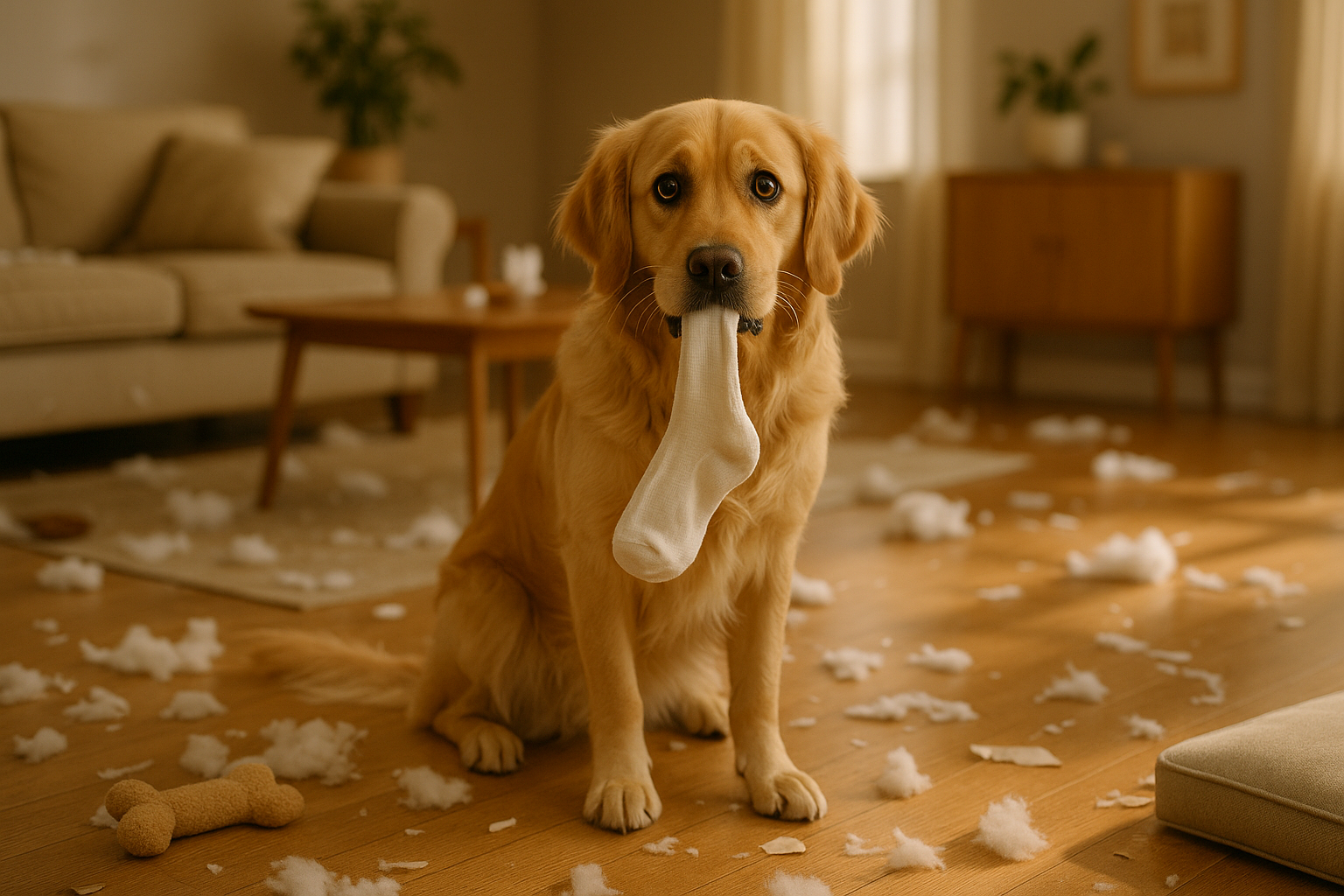 a dog in a messy room with sock in his mouth not happy.