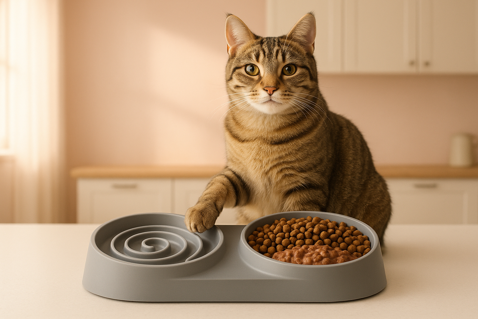 Happy cat enjoying a well-balanced diet of dry and wet food in a stylish kitchen feeding station.