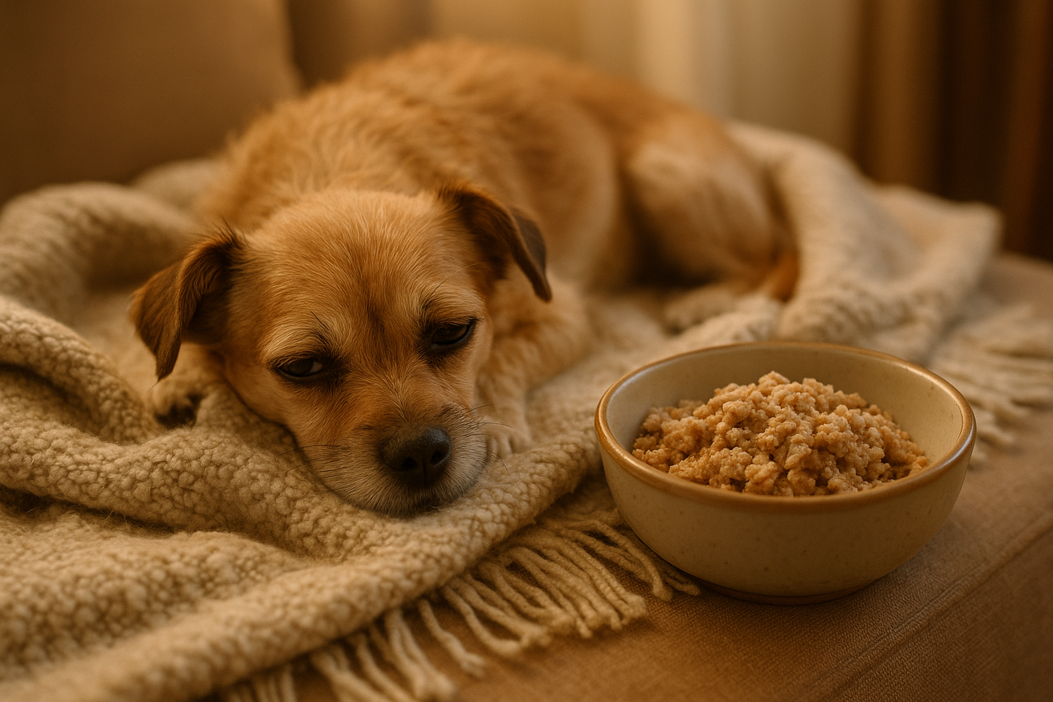 Sick dog resting on blanket with a bowl of soft, nutritious dog food nearby